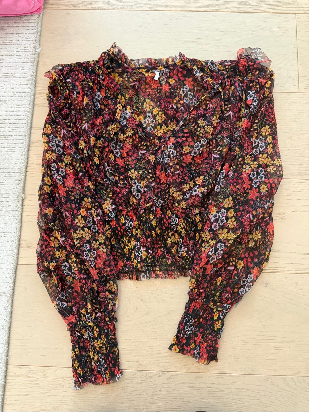 Free People Black Floral Ruffle Smocked Waist Blouse - Red Yellow Pink